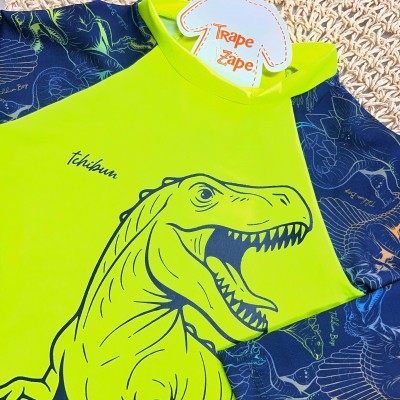 Linha Praia - Conj. Blusa Manga Longa Dino Rex e Sunga com Proteção UV50+ - Verde Fluorescente 